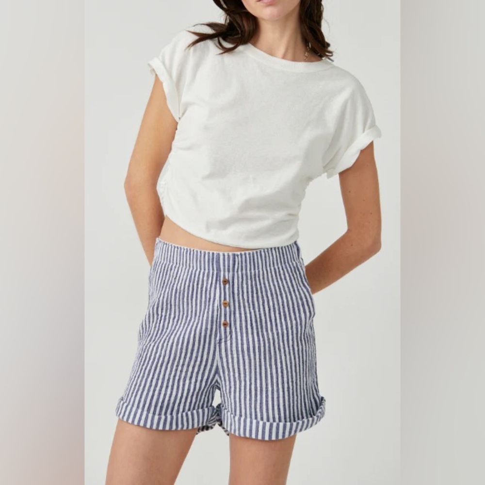 Free People Sunday Morning Cotton Boxer Short Navy Blue Stripe